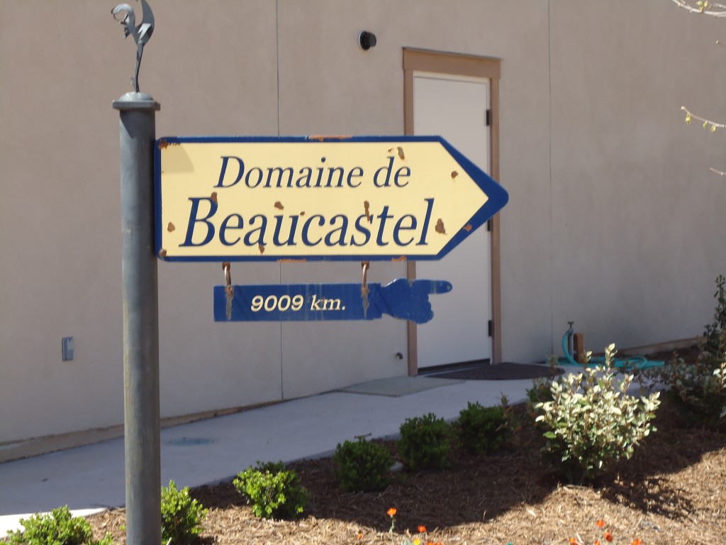 Sign post outside Tablas Creek Winery to their sister property in Chateau Neuf du Pape